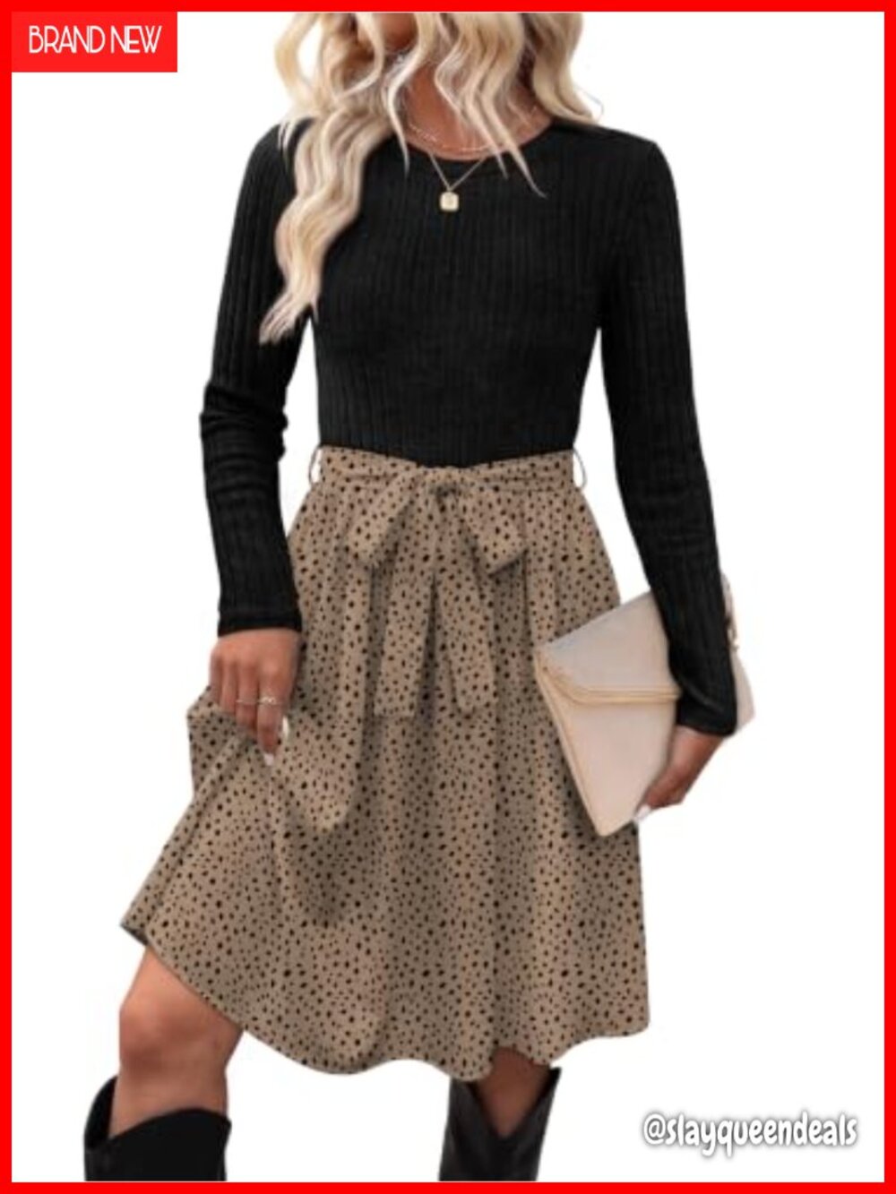 Long Sleeve Rib Knit Sweater Dress Removable Sash Belt Pockets Midi